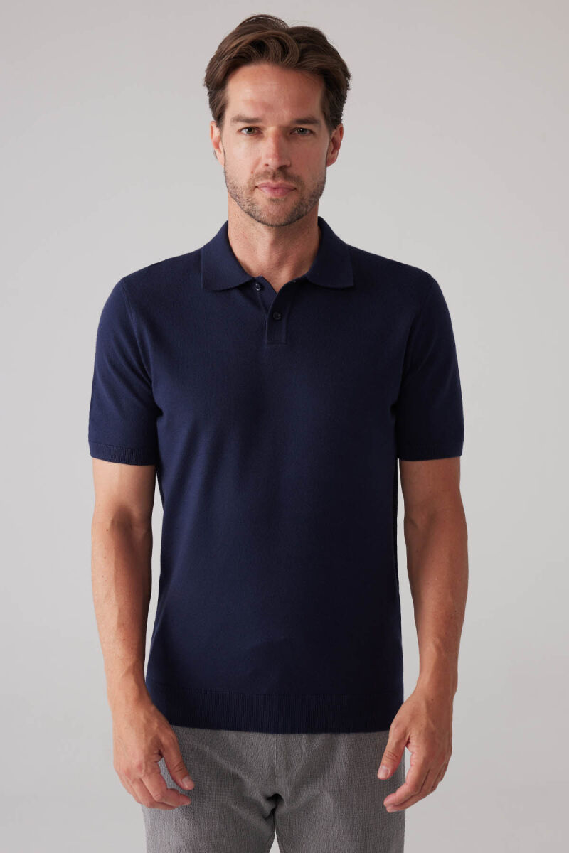Erkek Lacivert Slim Fit Kaşmir Karışımlı Polo Yaka Tişört - 5