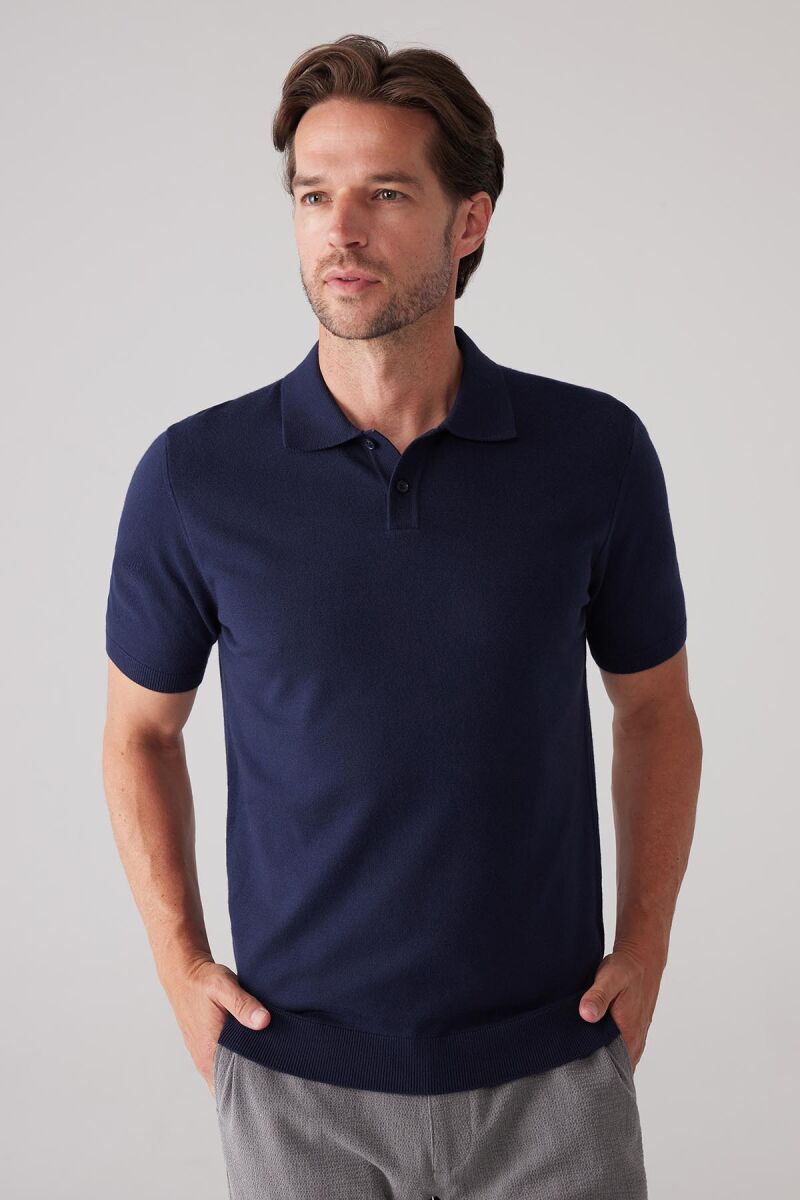 Erkek Lacivert Slim Fit Kaşmir Karışımlı Polo Yaka Tişört - 6