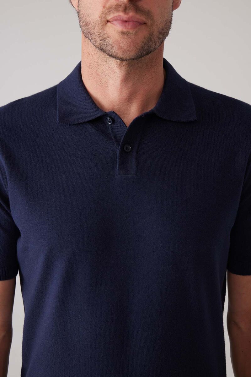 Erkek Lacivert Slim Fit Kaşmir Karışımlı Polo Yaka Tişört - 7
