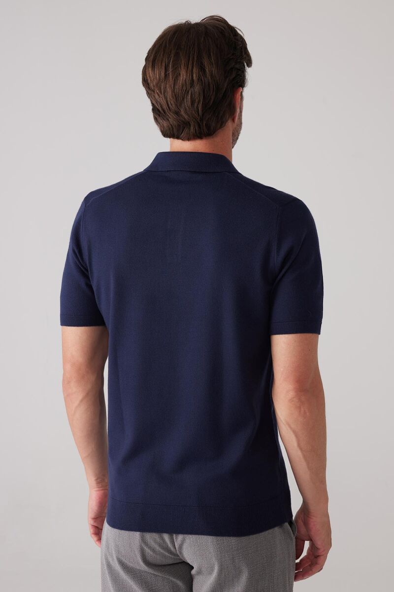 Erkek Lacivert Slim Fit Kaşmir Karışımlı Polo Yaka Tişört - 8