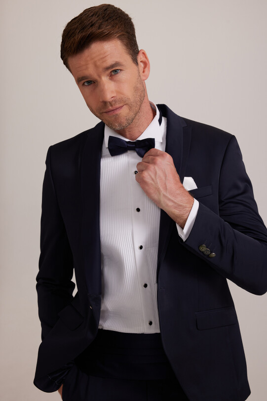 Erkek Lacivert Slim Fit Kırlangıç Yaka Damatlık