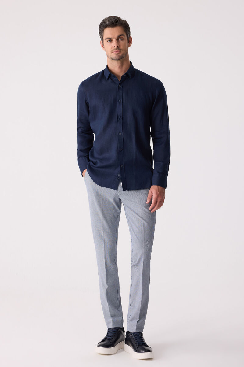 Erkek Lacivert Slim Fit Klasik Yaka Keten Gömlek - 2
