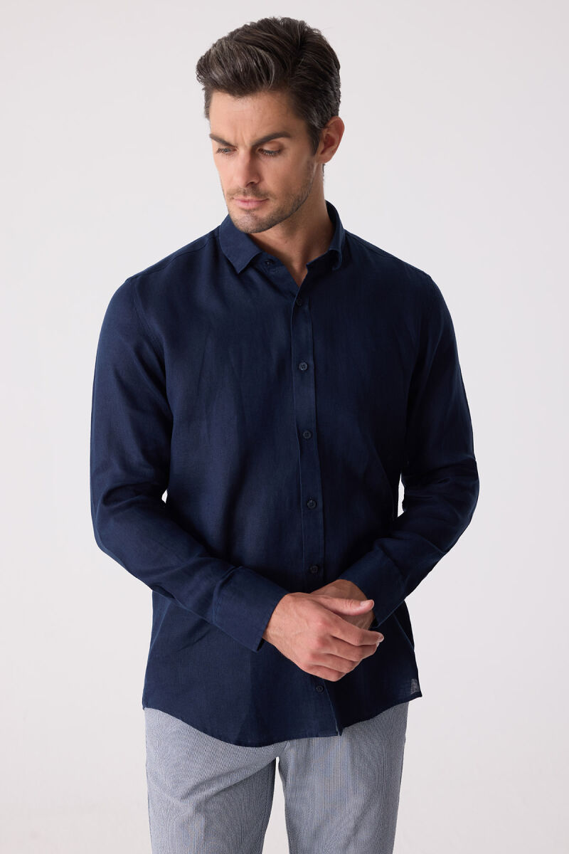 Erkek Lacivert Slim Fit Klasik Yaka Keten Gömlek - 3