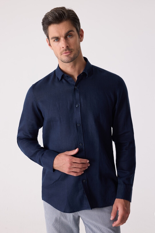 Erkek Lacivert Slim Fit Klasik Yaka Keten Gömlek
