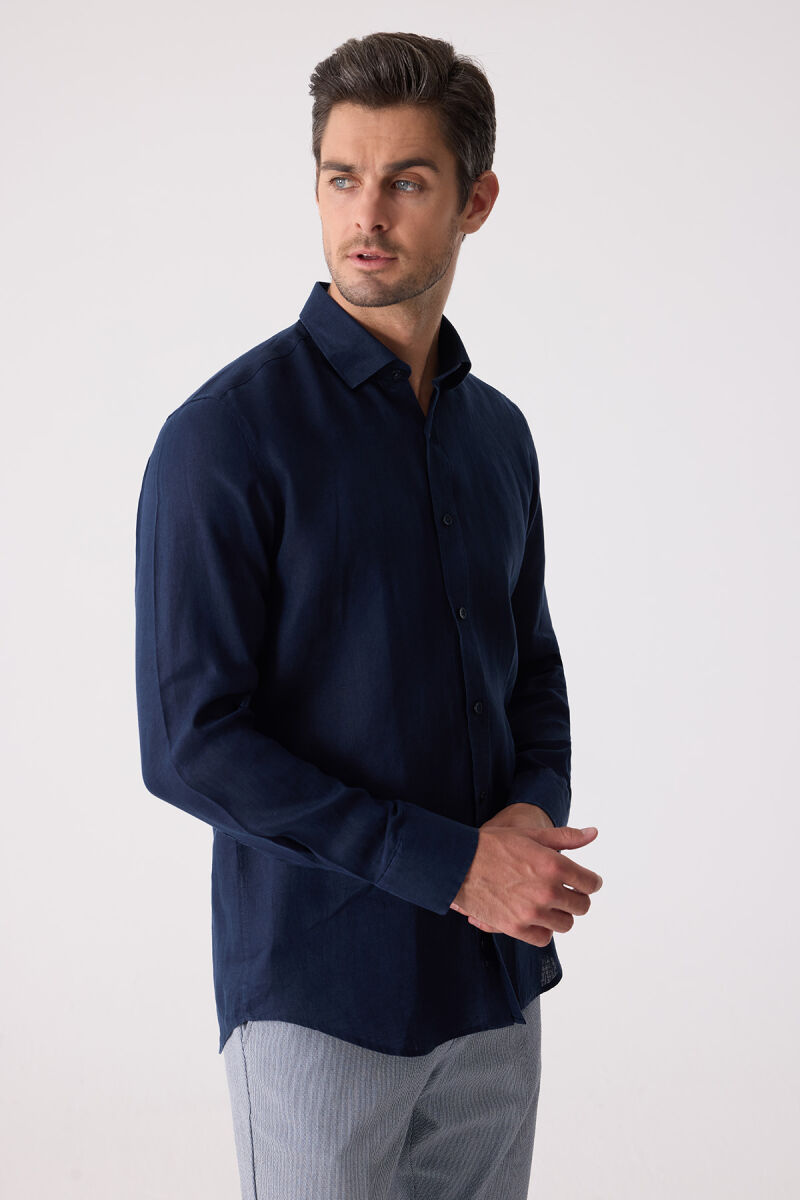 Erkek Lacivert Slim Fit Klasik Yaka Keten Gömlek - 5