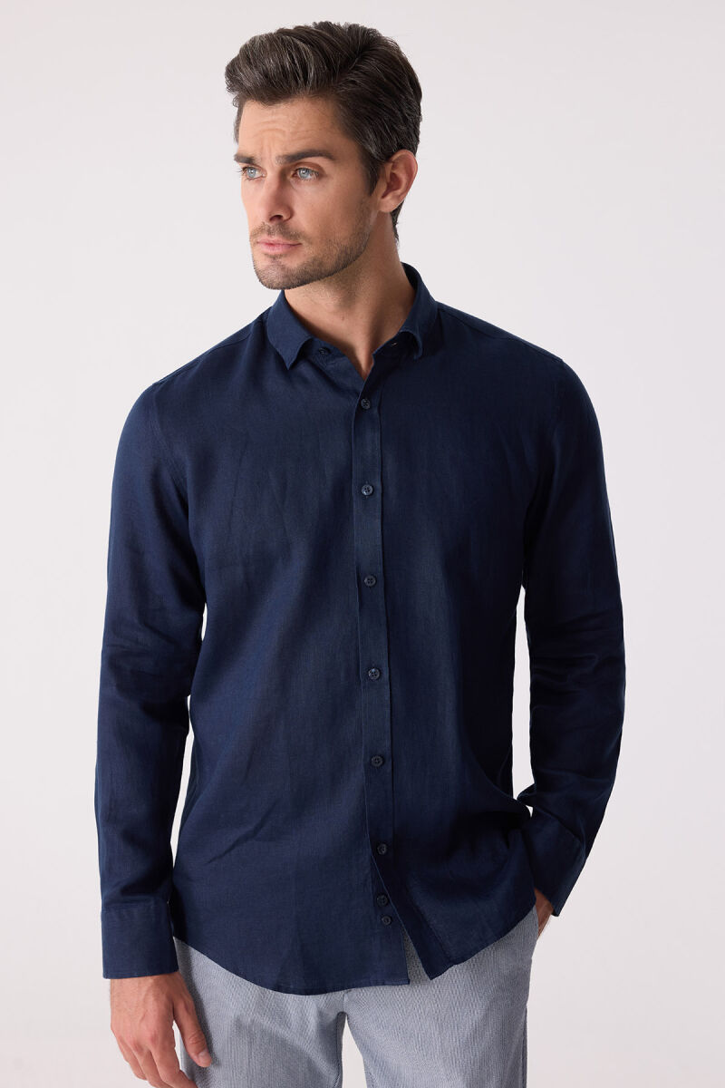Erkek Lacivert Slim Fit Klasik Yaka Keten Gömlek - 6