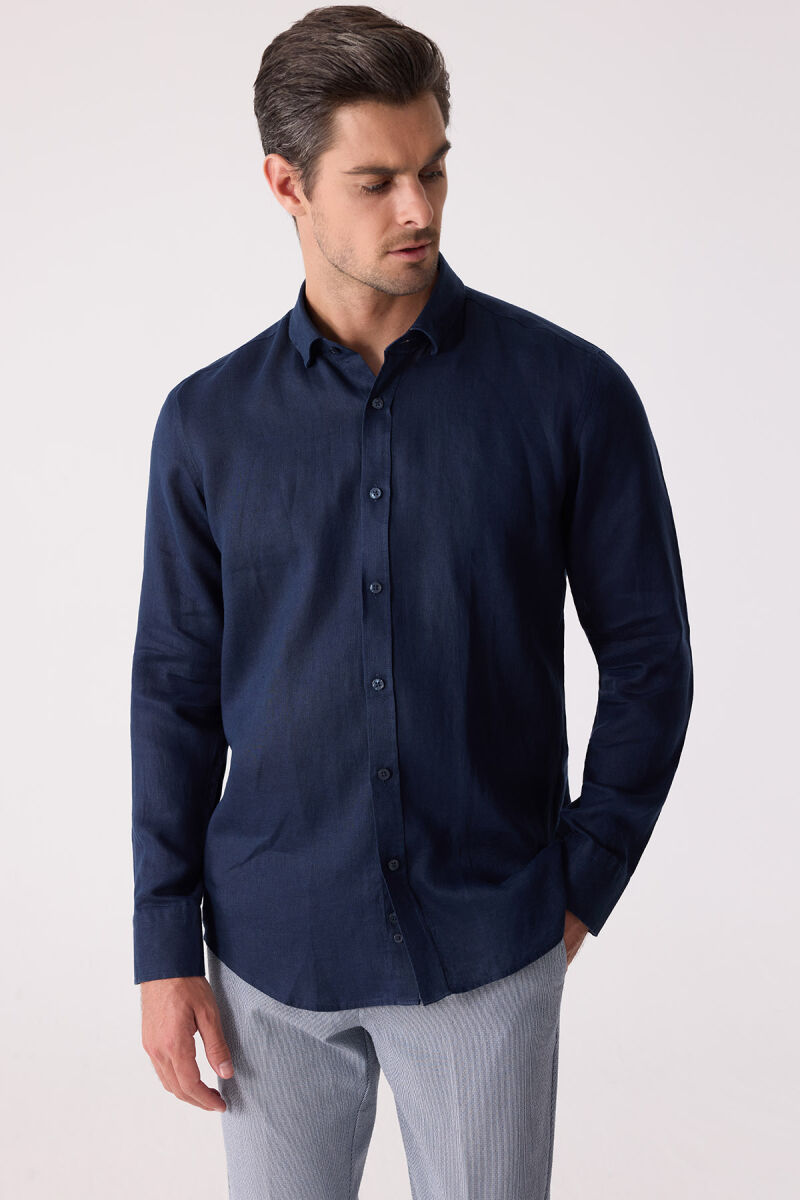 Erkek Lacivert Slim Fit Klasik Yaka Keten Gömlek - 7