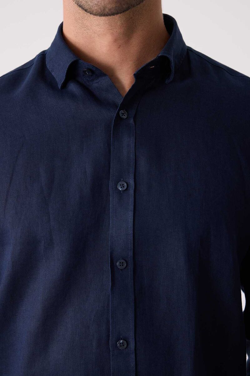 Erkek Lacivert Slim Fit Klasik Yaka Keten Gömlek - 8