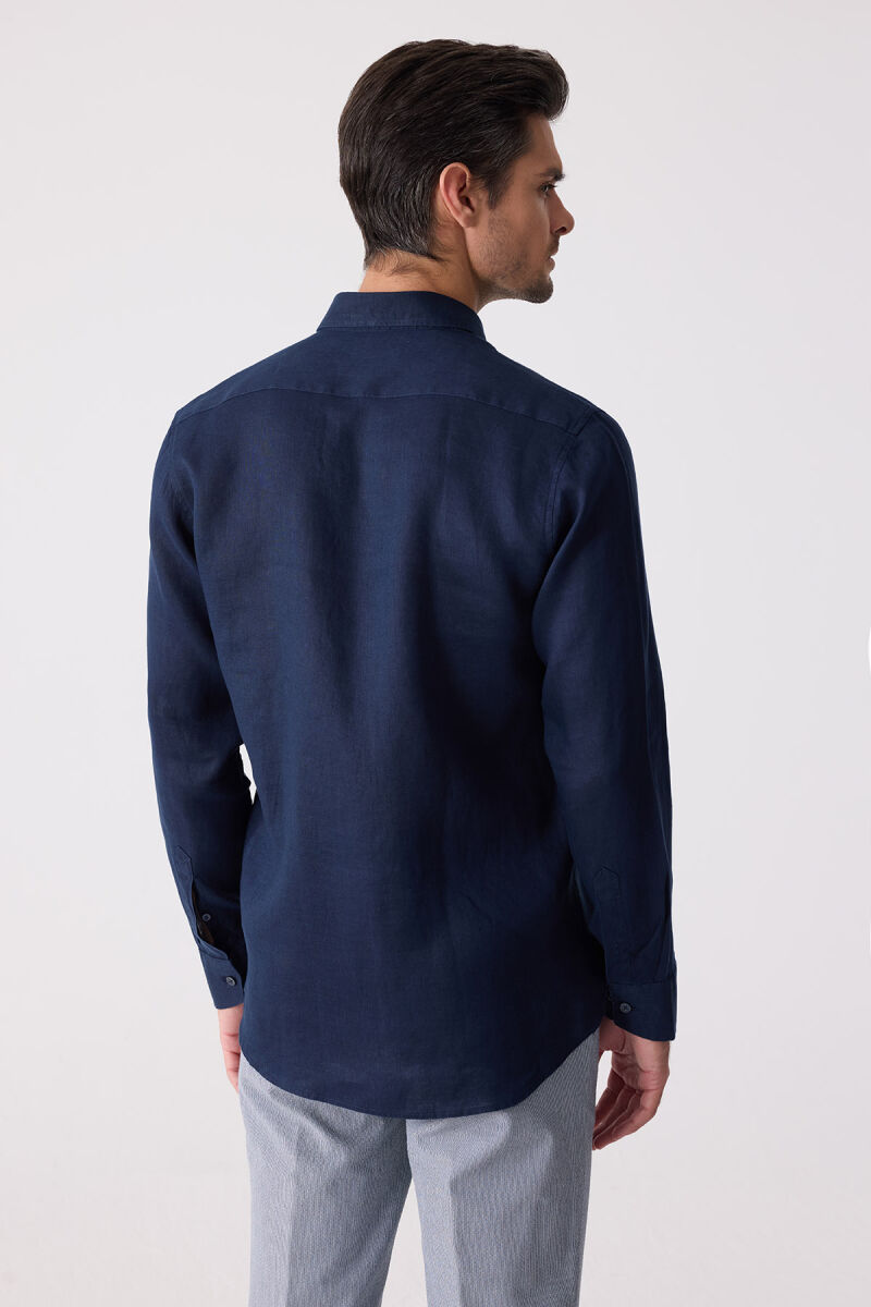 Erkek Lacivert Slim Fit Klasik Yaka Keten Gömlek - 9