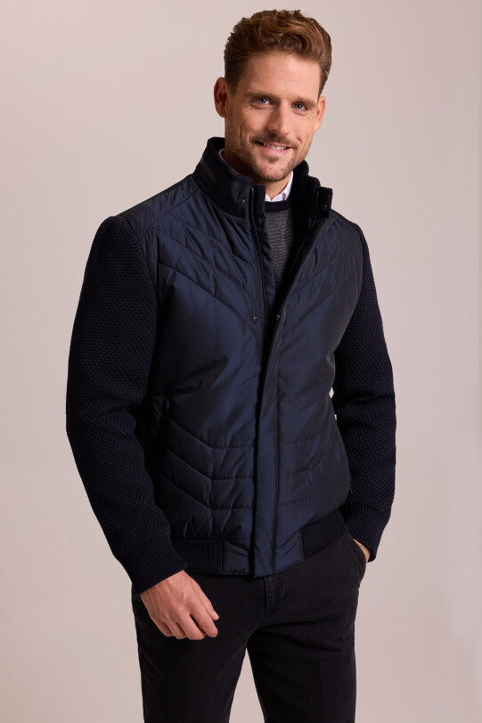 Erkek Lacivert Slim Fit Kolu Trikolu Mont