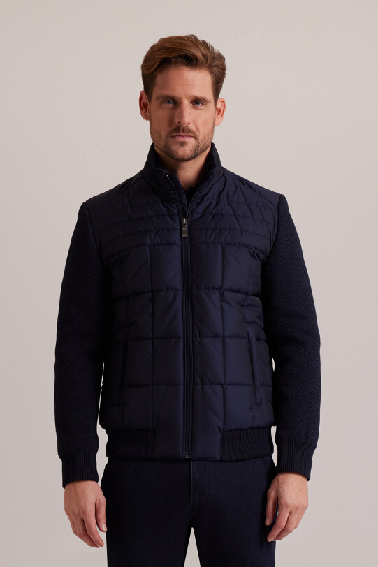 Erkek Lacivert Kolu Trikolu Slim Fit Mont