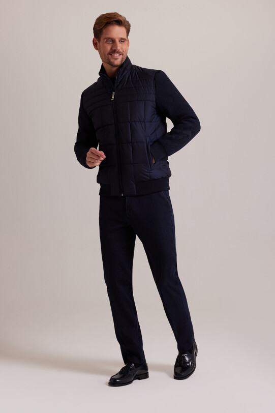 Erkek Lacivert Kolu Trikolu Slim Fit Mont