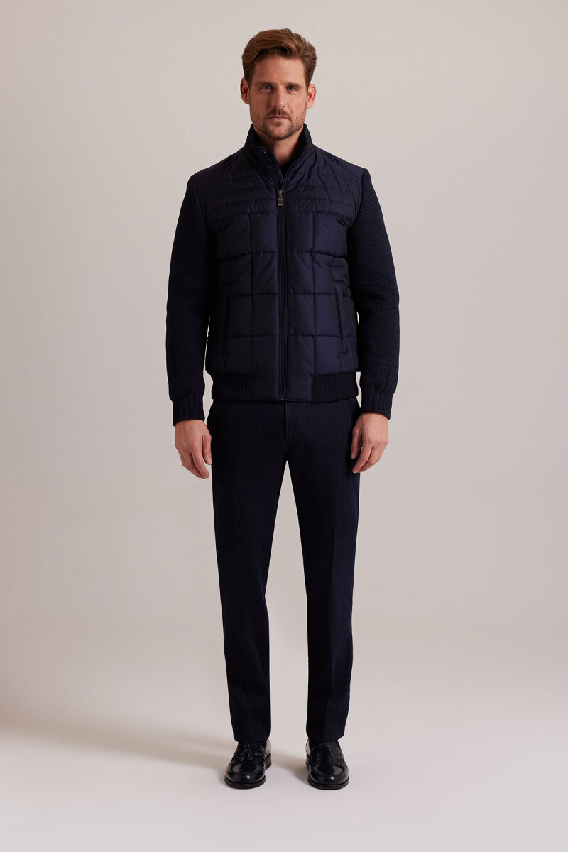 Erkek Lacivert Kolu Trikolu Slim Fit Mont - 4