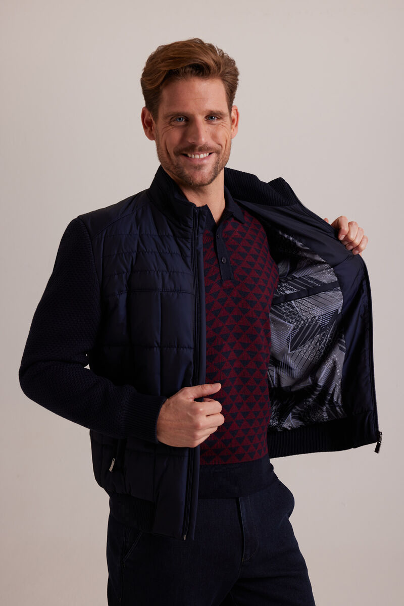 Erkek Lacivert Kolu Trikolu Slim Fit Mont - 6