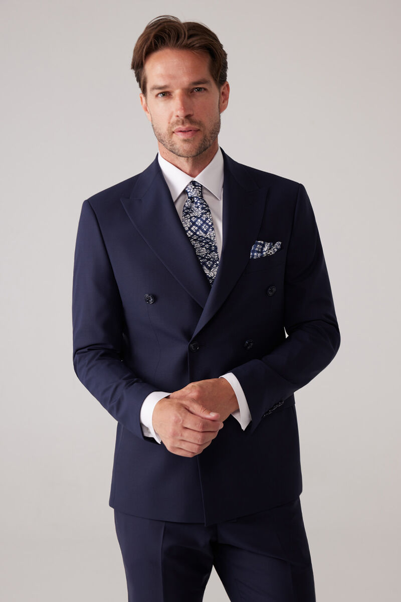 Erkek Lacivert Slim Fit Kruvaze %100 Yün Takım Elbise - 1