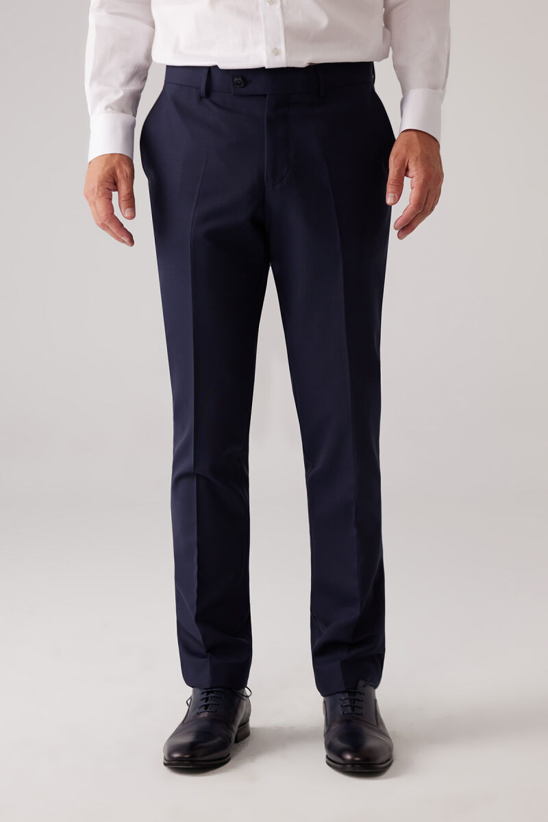 Erkek Lacivert Slim Fit Kruvaze %100 Yün Takım Elbise - 10