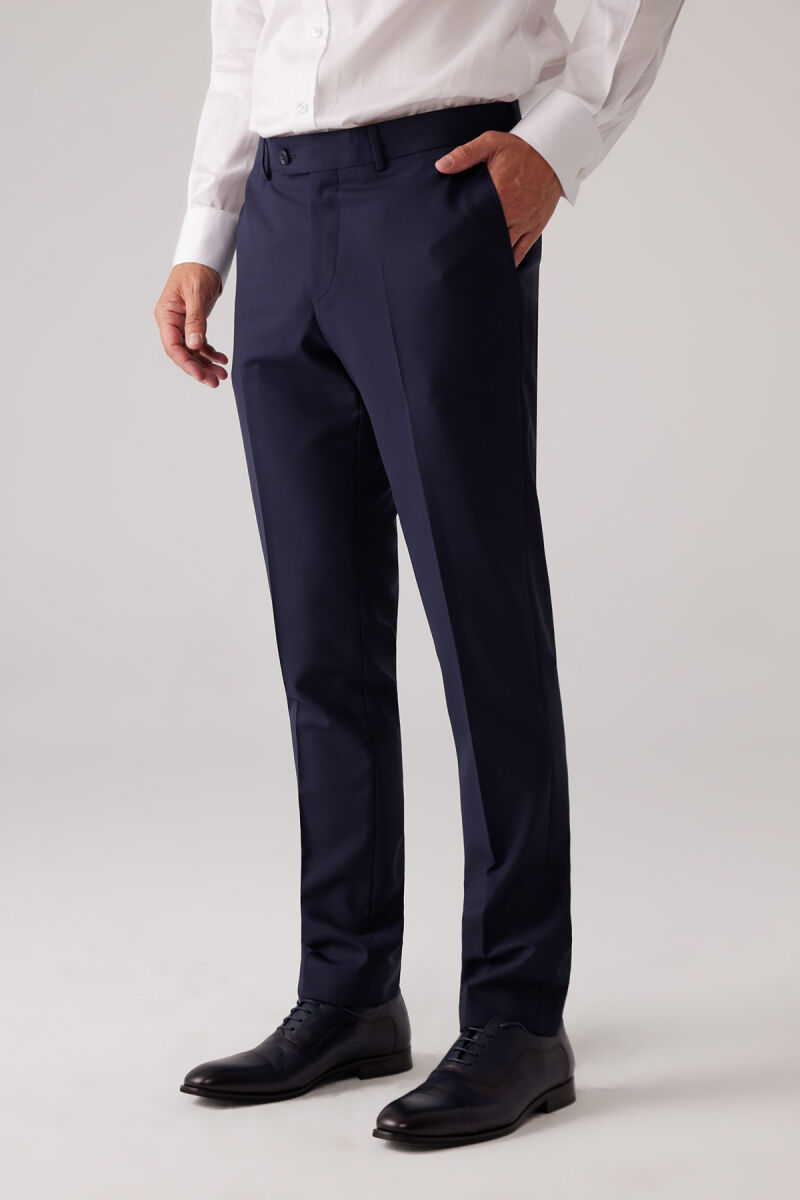 Erkek Lacivert Slim Fit Kruvaze %100 Yün Takım Elbise - 11