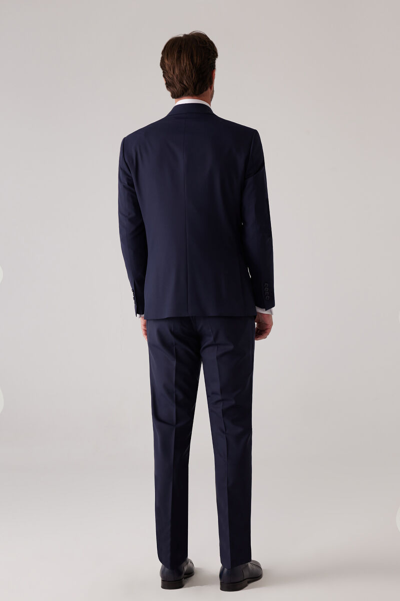 Erkek Lacivert Slim Fit Kruvaze %100 Yün Takım Elbise - 12