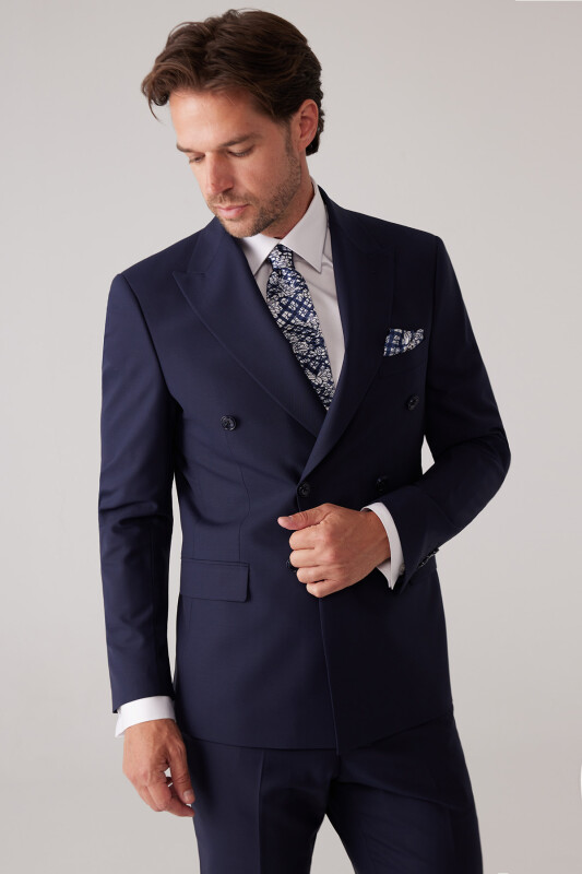 Erkek Lacivert Slim Fit Kruvaze %100 Yün Takım Elbise