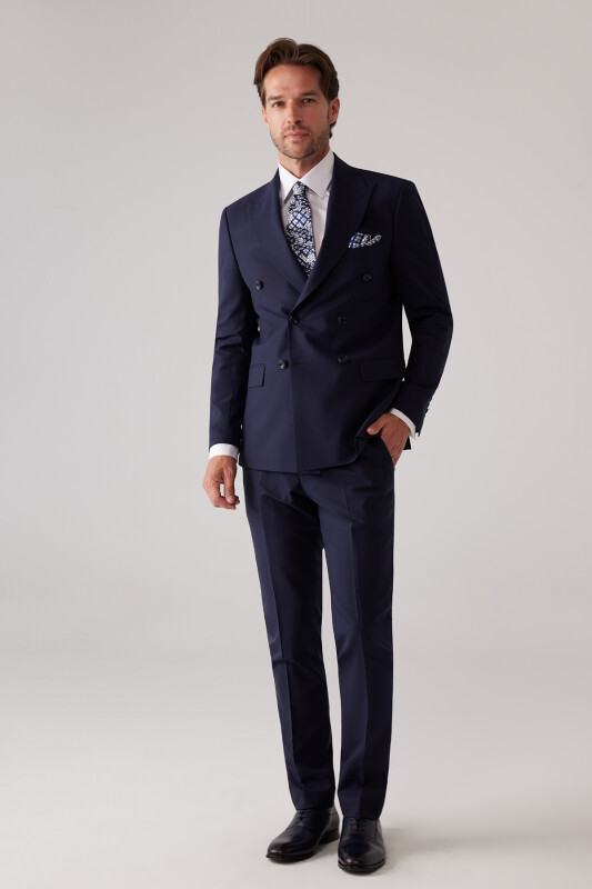 Erkek Lacivert Slim Fit Kruvaze %100 Yün Takım Elbise