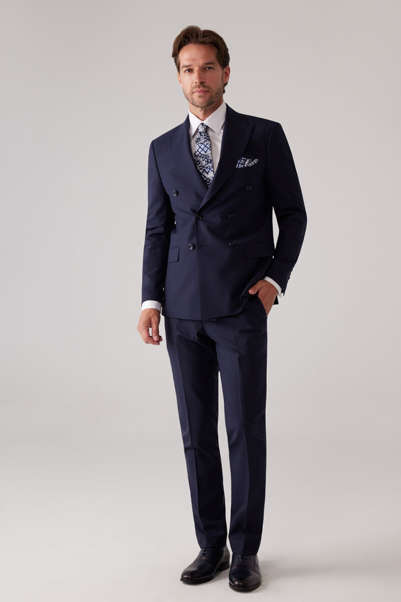 Erkek Lacivert Slim Fit Kruvaze %100 Yün Takım Elbise - 3