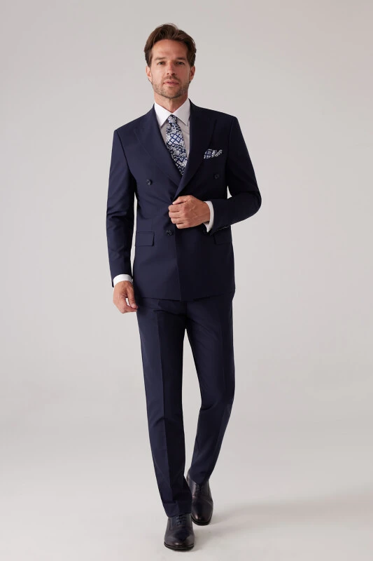 Erkek Lacivert Slim Fit Kruvaze %100 Yün Takım Elbise