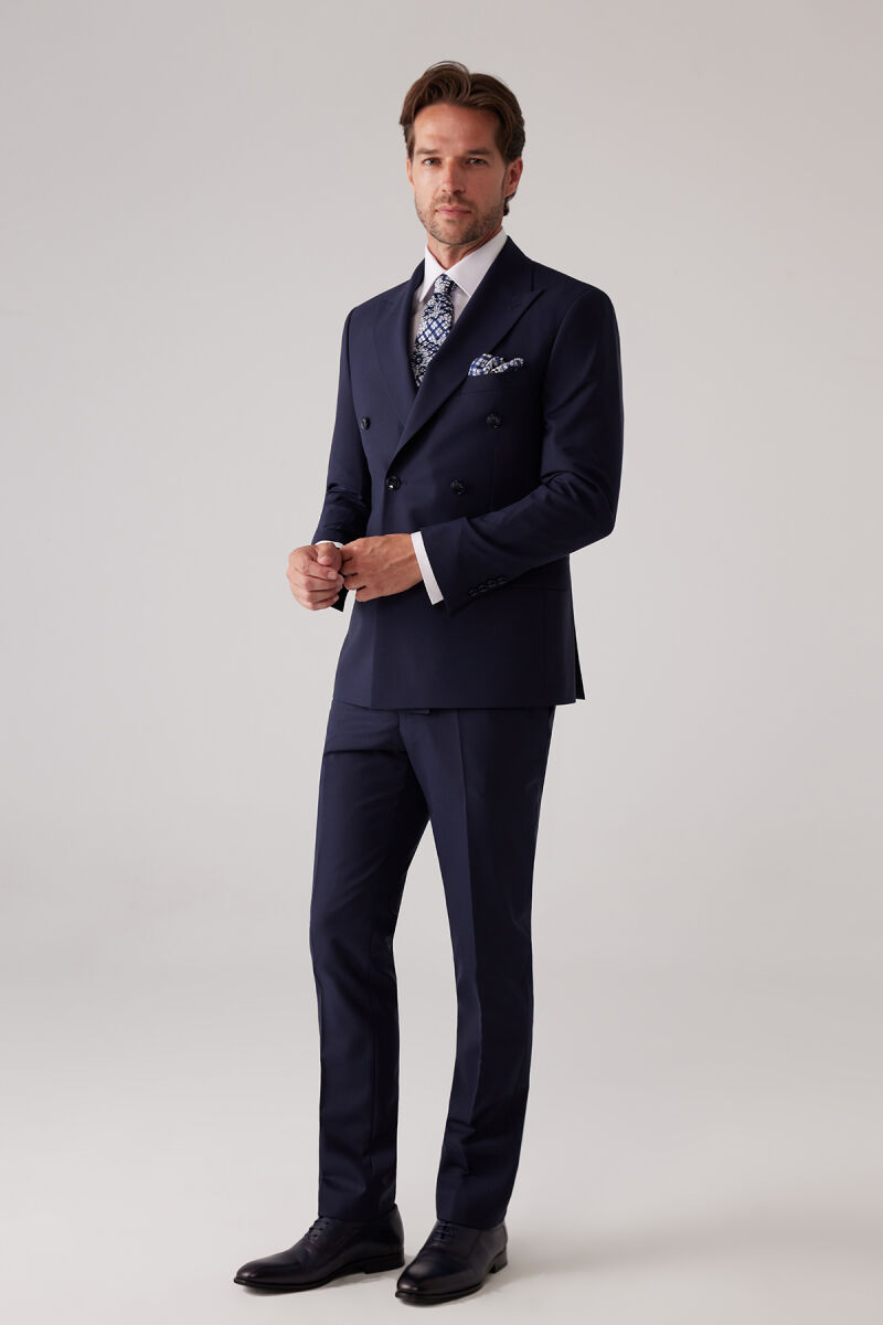 Erkek Lacivert Slim Fit Kruvaze %100 Yün Takım Elbise - 5