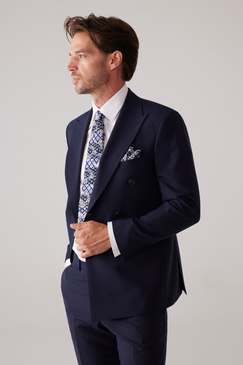 Erkek Lacivert Slim Fit Kruvaze %100 Yün Takım Elbise - 6