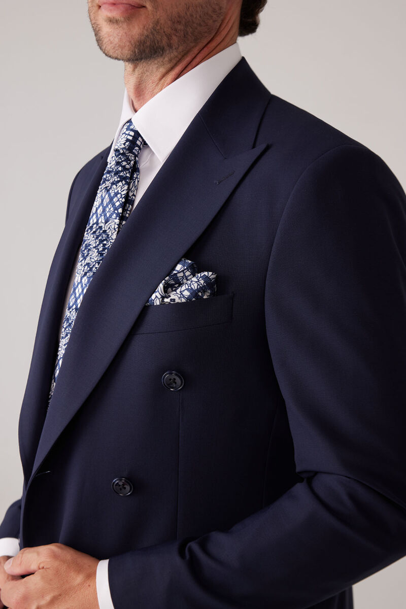 Erkek Lacivert Slim Fit Kruvaze %100 Yün Takım Elbise - 8