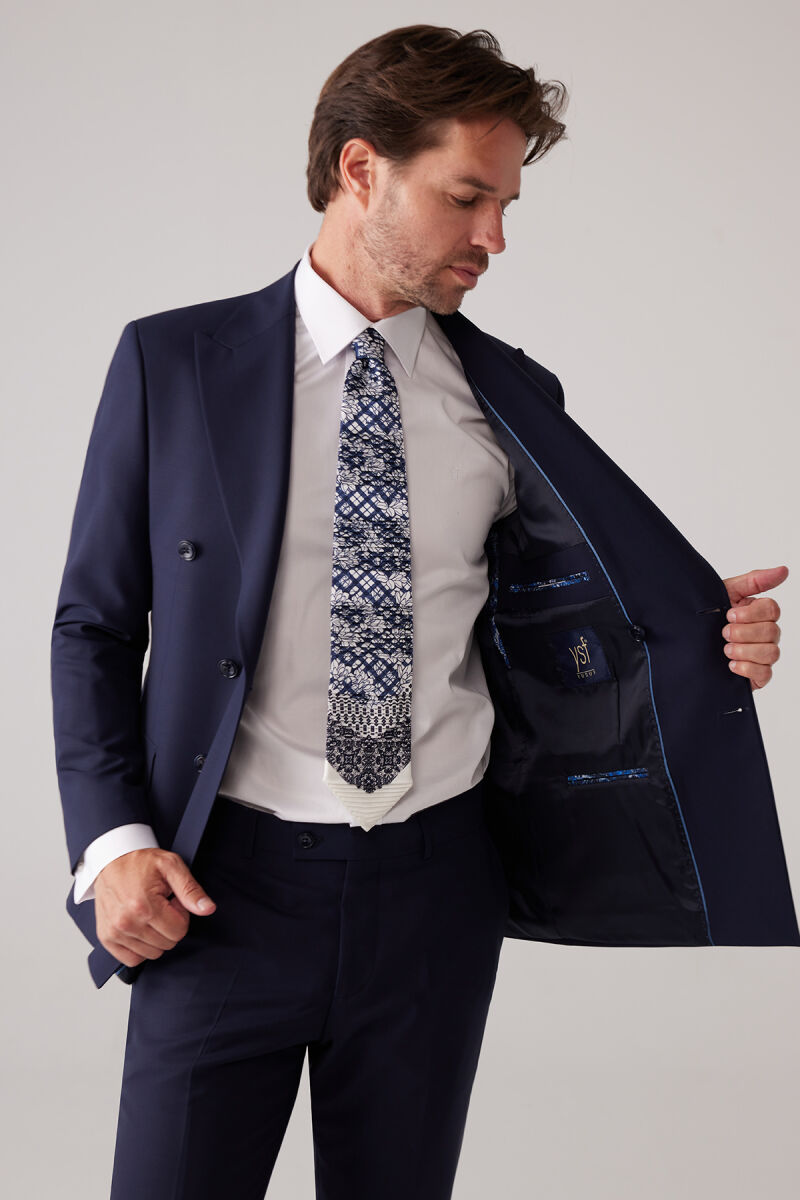 Erkek Lacivert Slim Fit Kruvaze %100 Yün Takım Elbise - 9