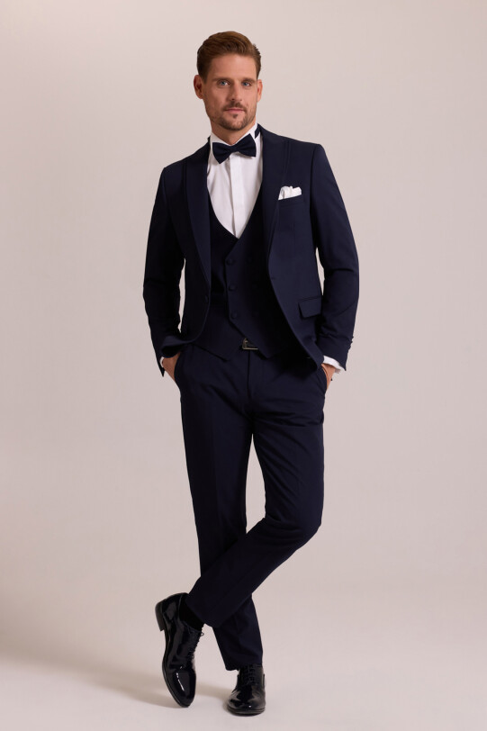 Erkek Lacivert Slim Fit Likralı Sivri Yaka Yelekli Damatlık