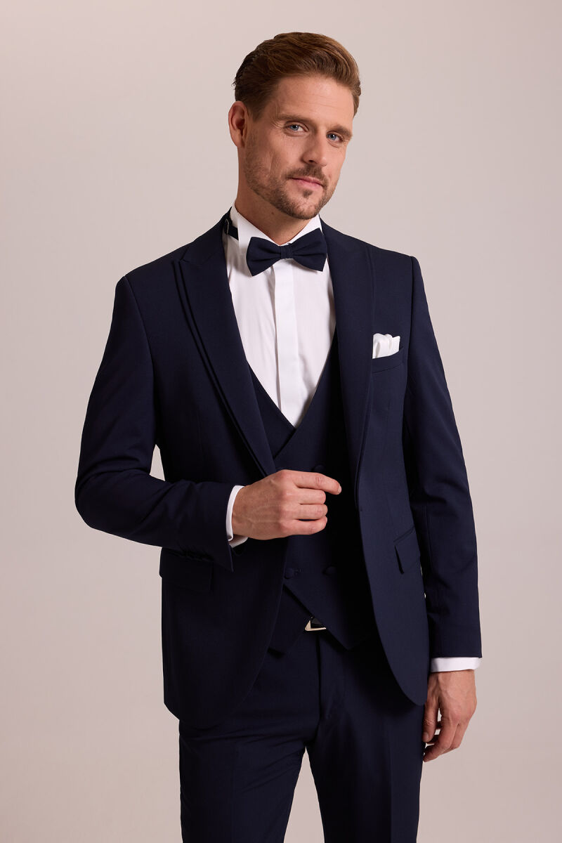 Erkek Lacivert Slim Fit Likralı Sivri Yaka Yelekli Damatlık - 4