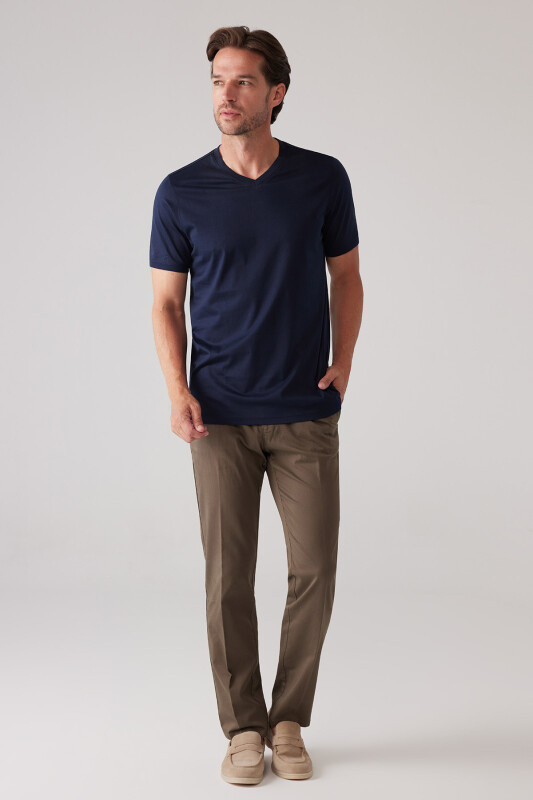 Erkek Lacivert Slim Fit Merserize Pamuk V Yaka Tişört