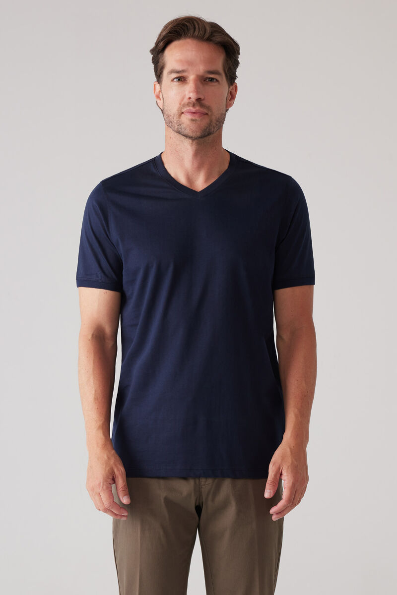 Erkek Lacivert Slim Fit Merserize Pamuk V Yaka Tişört - 3