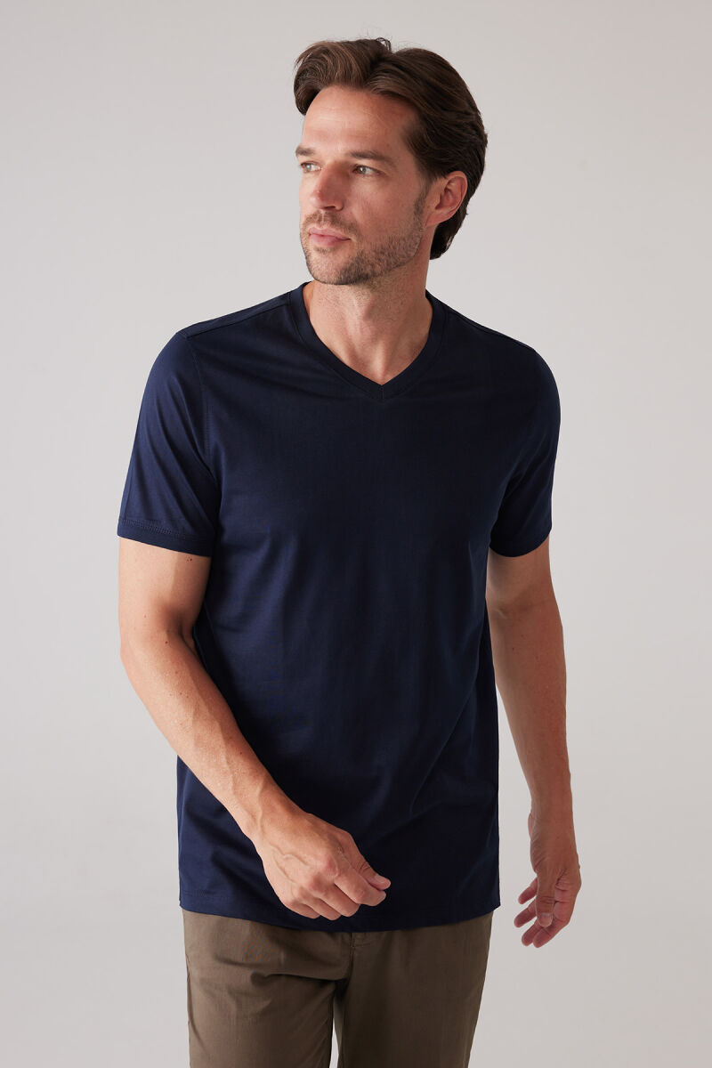 Erkek Lacivert Slim Fit Merserize Pamuk V Yaka Tişört - 5