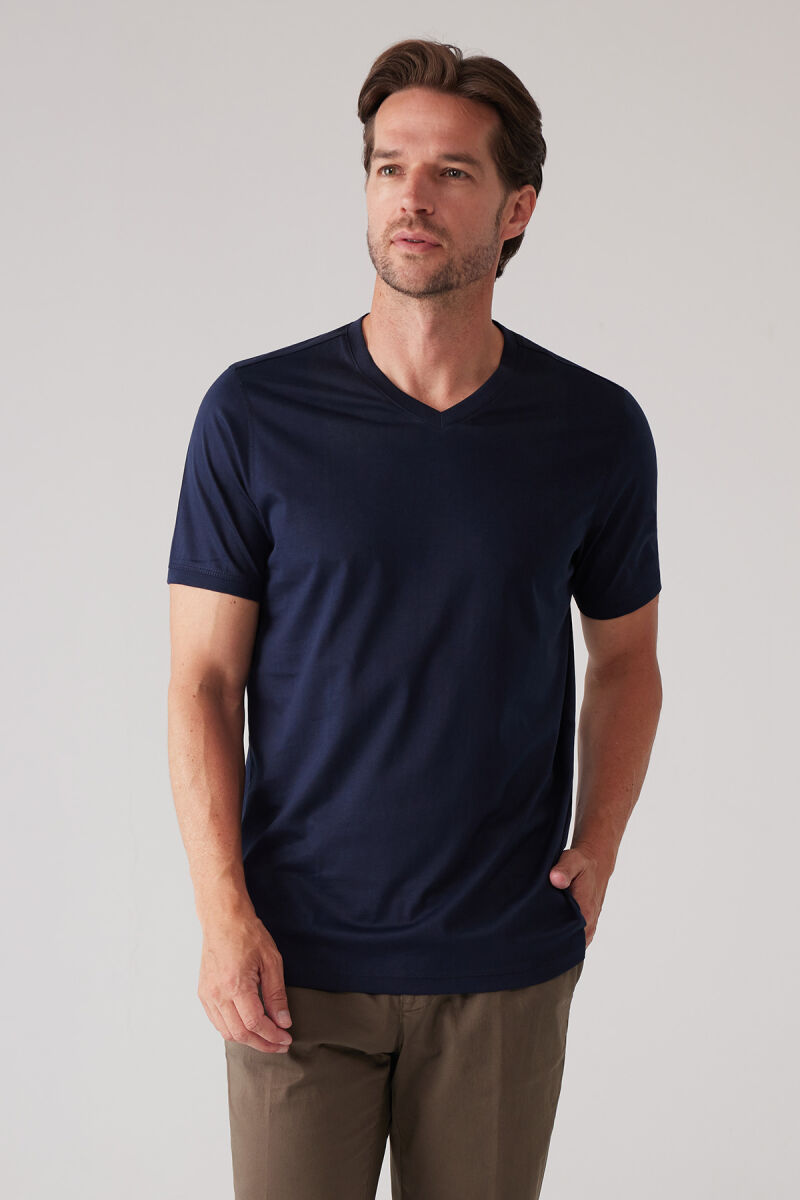 Erkek Lacivert Slim Fit Merserize Pamuk V Yaka Tişört - 6