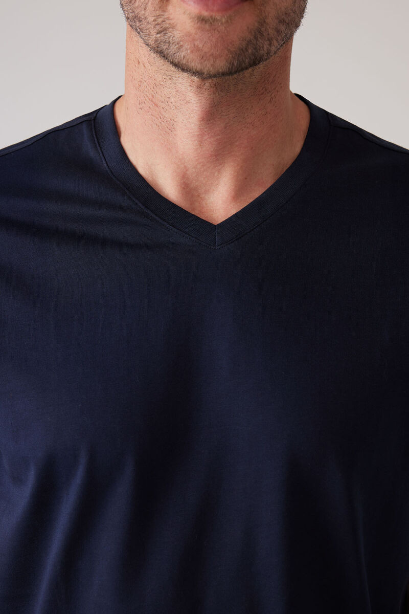 Erkek Lacivert Slim Fit Merserize Pamuk V Yaka Tişört - 7