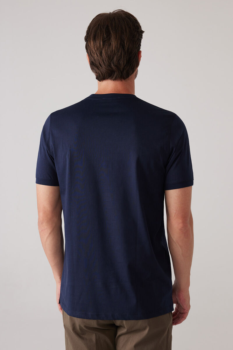 Erkek Lacivert Slim Fit Merserize Pamuk V Yaka Tişört - 8