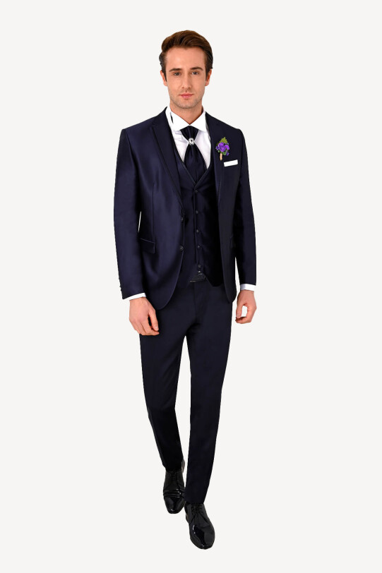 Erkek Lacivert Slim Fit Mono Yaka Yelekli Damatlık