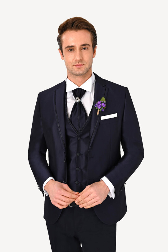 Erkek Lacivert Slim Fit Mono Yaka Yelekli Damatlık
