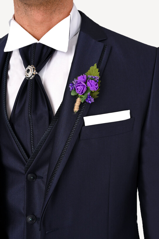 Erkek Lacivert Slim Fit Mono Yaka Yelekli Damatlık