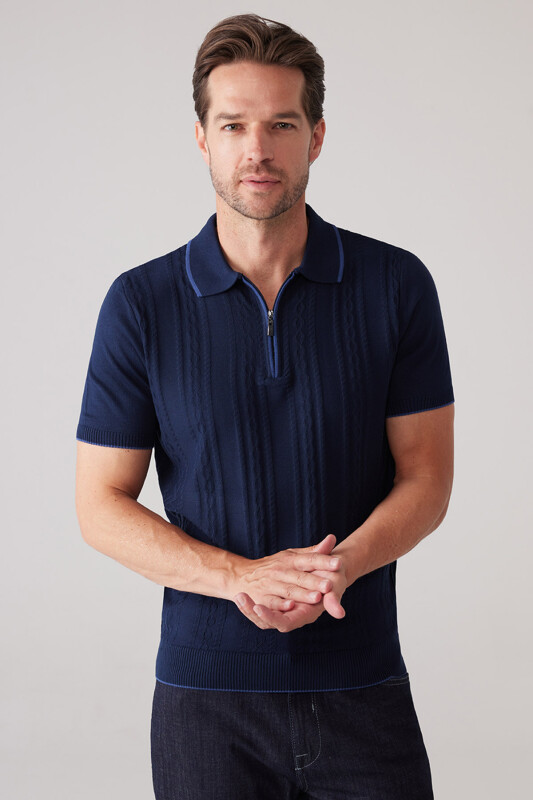 Erkek Lacivert Slim Fit Örgü Desen Fermuarlı Polo Yaka Tişört