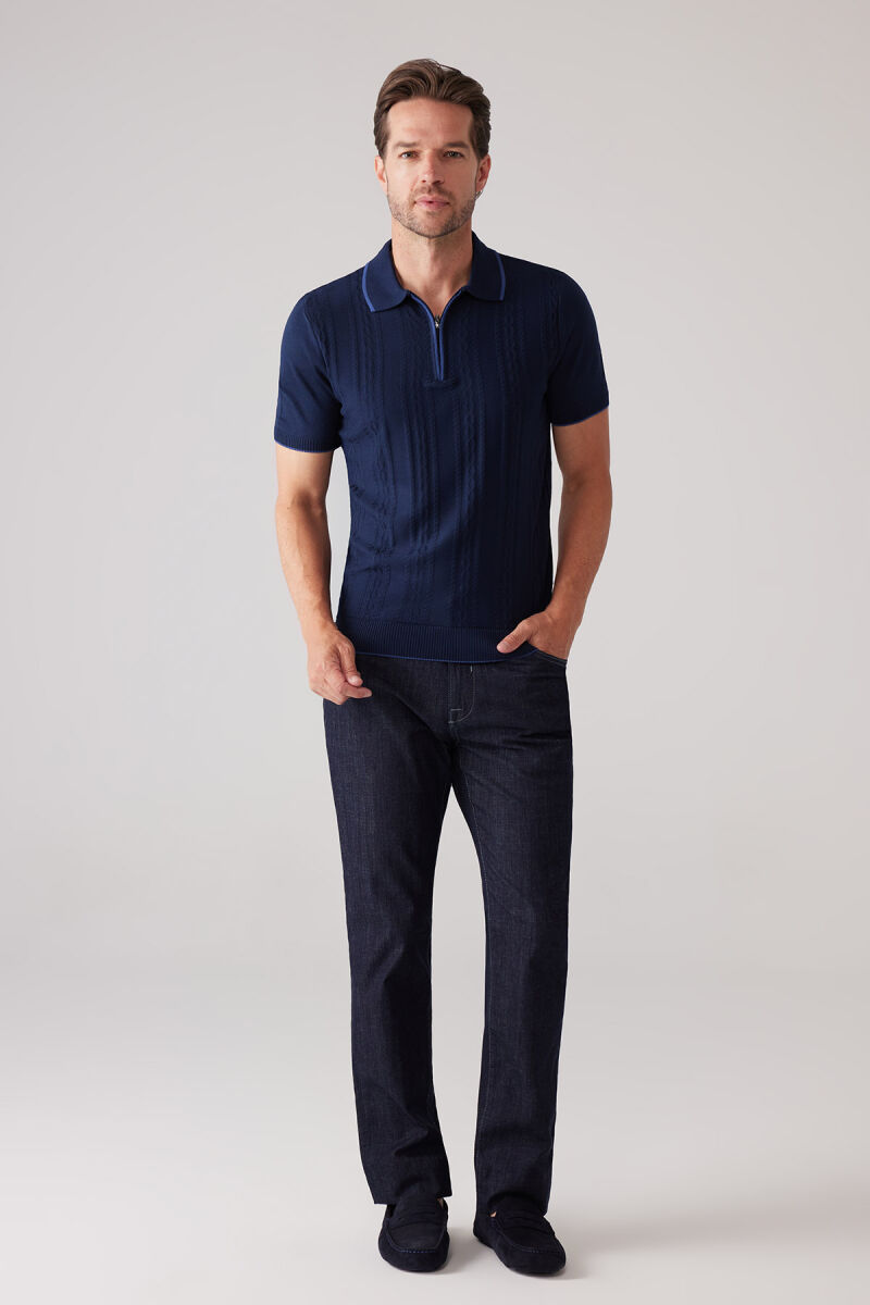 Erkek Lacivert Slim Fit Örgü Desen Fermuarlı Polo Yaka Tişört - 2