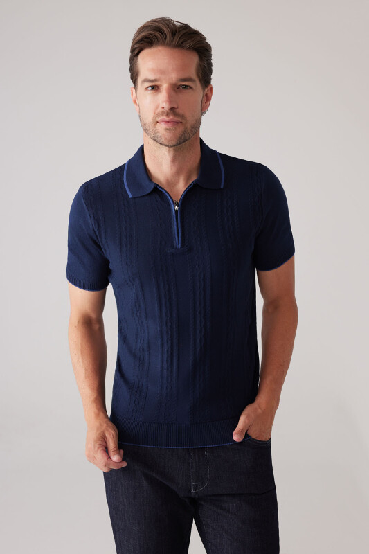 Erkek Lacivert Slim Fit Örgü Desen Fermuarlı Polo Yaka Tişört