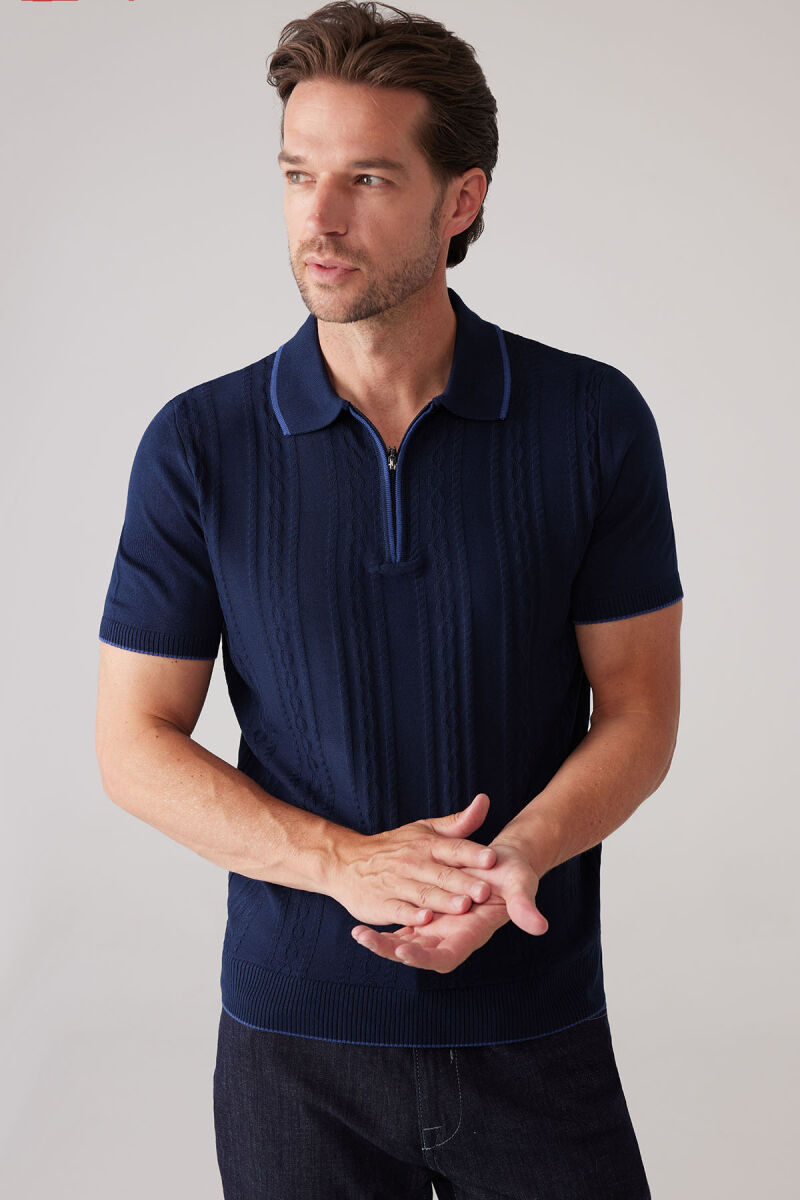 Erkek Lacivert Slim Fit Örgü Desen Fermuarlı Polo Yaka Tişört - 4