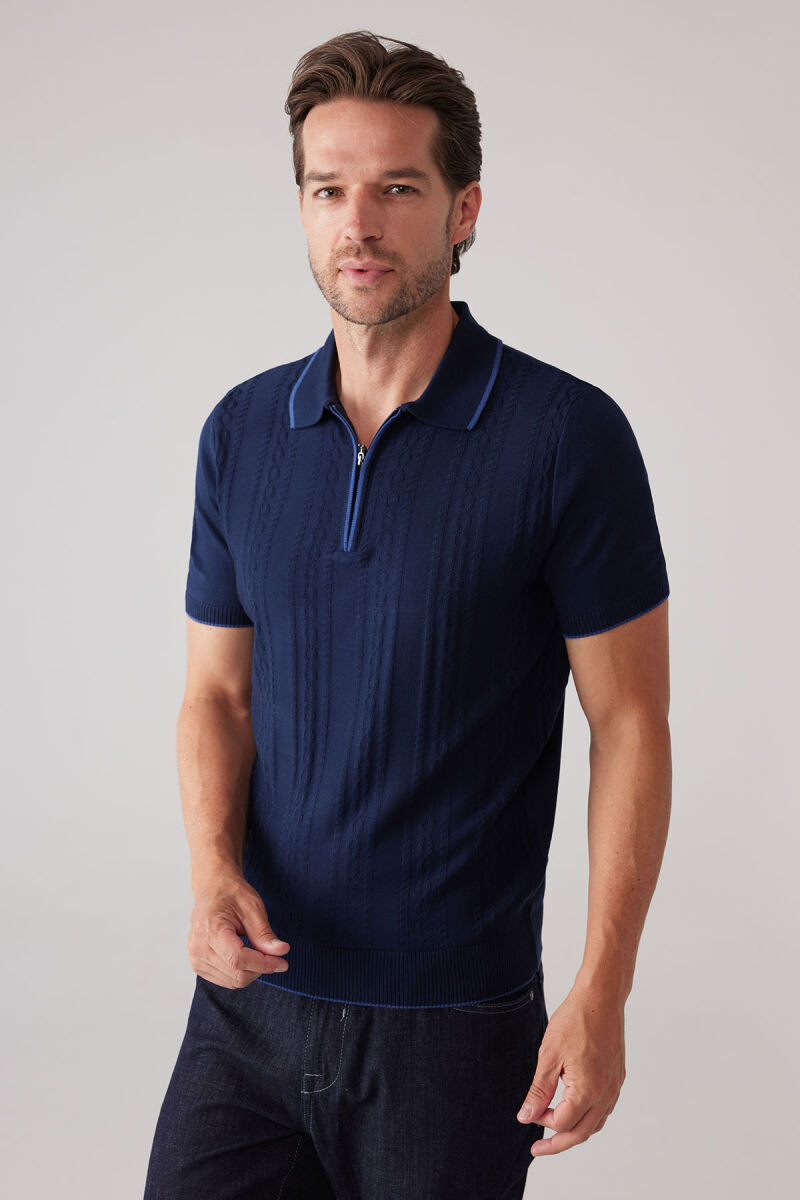 Erkek Lacivert Slim Fit Örgü Desen Fermuarlı Polo Yaka Tişört - 5
