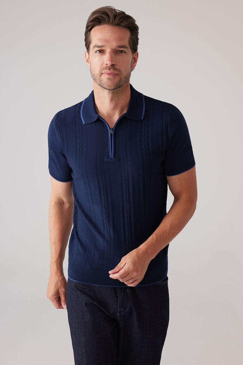 Erkek Lacivert Slim Fit Örgü Desen Fermuarlı Polo Yaka Tişört - 6