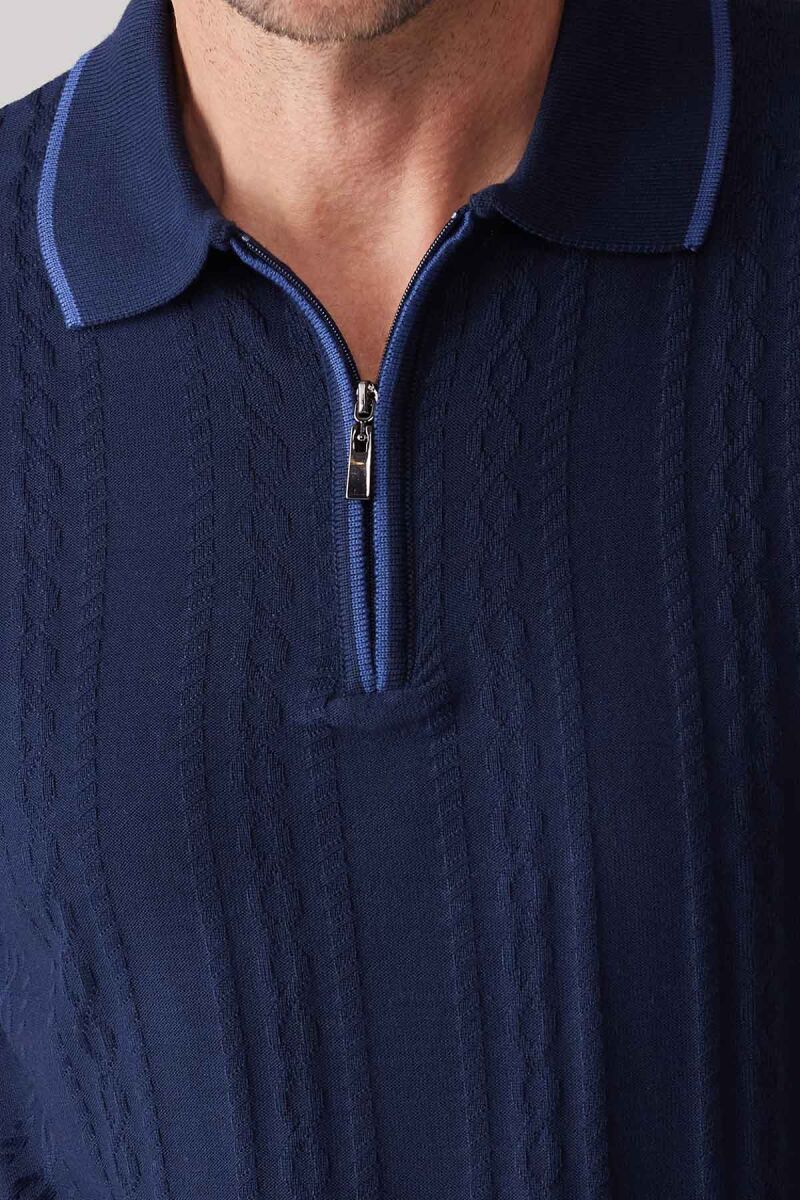 Erkek Lacivert Slim Fit Örgü Desen Fermuarlı Polo Yaka Tişört - 7