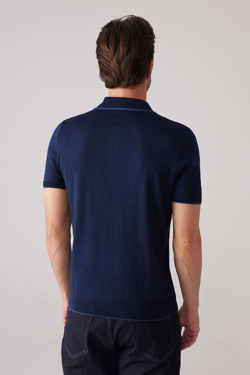 Erkek Lacivert Slim Fit Örgü Desen Fermuarlı Polo Yaka Tişört - 8