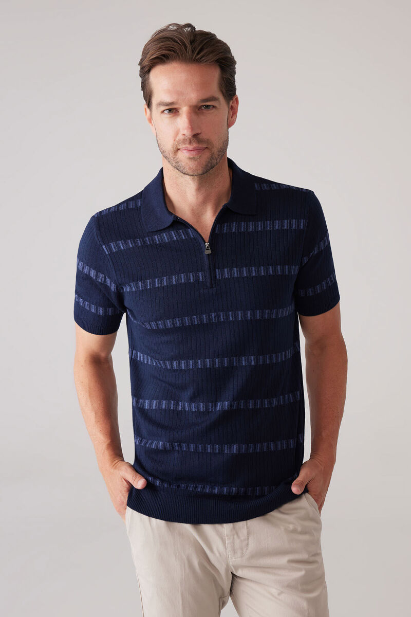 Erkek Lacivert Slim Fit Pamuk Karışımlı Fermuarlı Desenli Tişört - 1